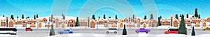 Cars driving road over winter city street merry christmas happy new year holiday celebration concept snowy town snowfall