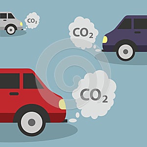 Cars emits CO2, carbon dioxide. Concept of smog pollutant damage contamination garbage combustion products.