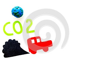 Cars emitting carbon dioxide. Pollution concept. harm the environment. Car and smoke cutout on white background top view