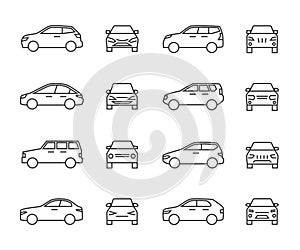 Cars front and side view line signs, auto symbols. Vehicle outline vector icons isolated on white background