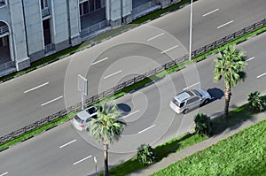 Cars go by road in the city street divided by green spaces and palm trees.