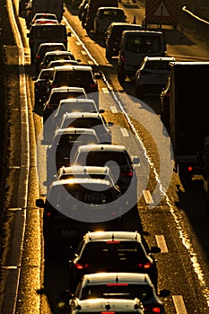 Cars going very slowly in a traffic jam during the morning rushhour