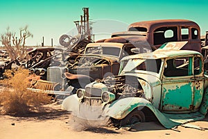 Cars graveyard, Pile of crushed and deformed cars waiting to be recycled in an old cars graveyard. Neural network AI