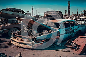 Cars graveyard, Pile of crushed and deformed cars waiting to be recycled in an old cars graveyard. Neural network AI