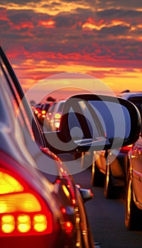 Cars with headlights in evening traffic jam queue, reflected in the rearview mirror