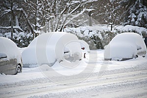 Cars heavily cloaked under a thick layer of snow