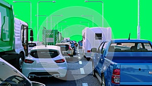 Cars on highway in traffic jam 3d render green screen