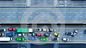 Cars on highway in traffic jam 3d render from top