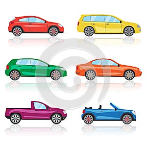 Cars icons set. 6 different colorful 3d sports car icon. Car vector