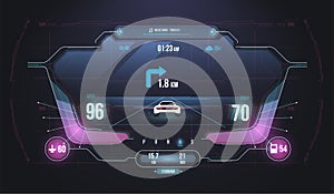 Cars infographic ui, analysis and diagnostics in the hud style. Modern sports car dashboard with navigation display. Cockpit of