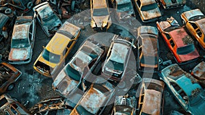 Cars in a junkyard from above. Old cars waiting to be shredded in a recycling park