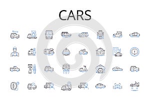 Cars line icons collection. Boats, Vans, Planes, Trucks, Cycles, Buses, Wagons vector and linear illustration. Jeeps