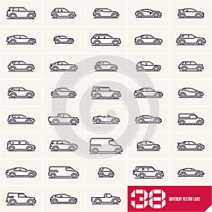 Cars line icons set, different vector car types linear silhouettes, car logo deign