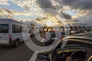 Cars lined up at the toll booths