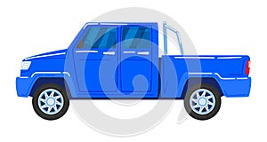 Cars, mini truck, blue jeep, road trip by automobile, reliable vehicle, cartoon style vector illustration, isolated on