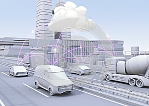 Cars on motorway sharing traffic information by computer network. Concept for connected car