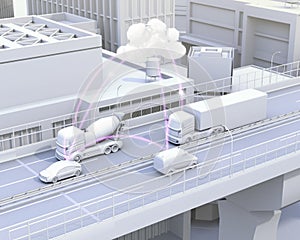 Cars on motorway sharing traffic information by computer network. Concept for connected car