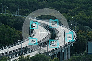 Cars move on city road and Artificial Intelligence controls vehicles in traffic. Autonomous Self Driving Cars Concept