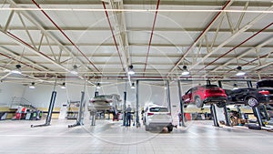 Cars moves on lifts in modern service station and men repair cars timelapse.