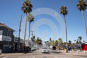 Cars moving on street by shops and palm trees at Santa Cruz Beach Boardwalk