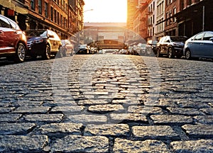 Cars parked along an old cobblestone street in the Tribeca neighborhood of Manhattan in New York City