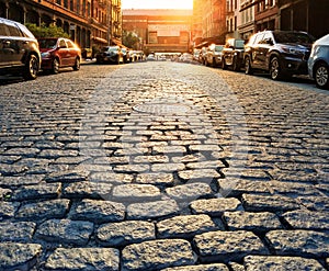 Cars parked along the sidewalk of a historic cobblestone street in the Tribeca neighborhood of Manhattan in New York City