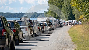 Cars parked bumper to bumper, creating a traffic jam as passengers wait for the ferry on a sunny day. Excitement builds photo