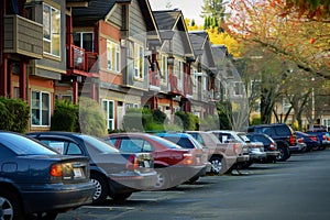 Cars parked in front of apartment buildings with automotive lighting