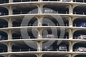 Cars parked in the Marina City towers parking lot