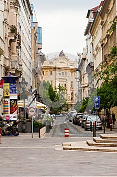 Cars parked at narrow street of Budapest