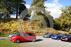 Cars parked. Powis Castle car park in England