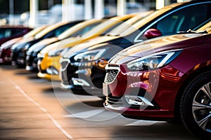 Cars parked in a row in the parking lot. Closeup