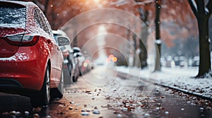 Cars parked in a row on a snowy street in winter