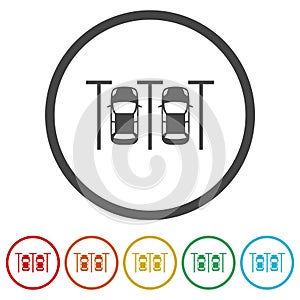 Cars in the parking lot icon. Set icons in color circle buttons
