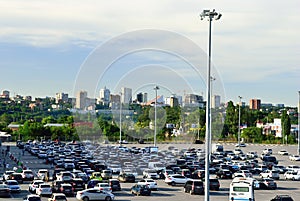 Cars in the parking lot near the shopping center. Rostov-don. Russia