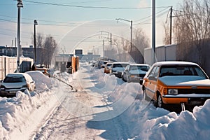 cars in parking lot with snow plow clearing path