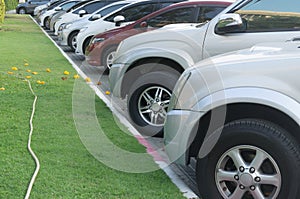 Cars parking in a tidy row in open area