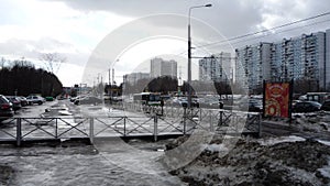 Cars in the Parking and transport on the highway in winter Moscow