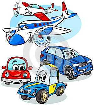 Cars and planes group cartoon illustration