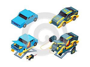 Cars repair. Automobile mechanic equipment workshop lifts for vehicles garish vector isometric illustrations
