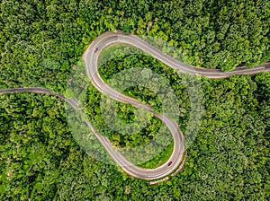 Cars on road. Extrem winding road in the middle of the forest, C photo