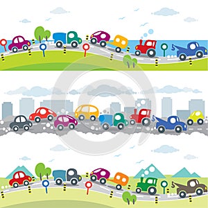 Cars on the road. Seamless horizontal pattern set