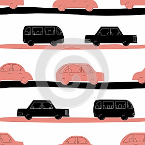 Cars on the road seamless pattern. Various autos and minibus vector illustration. Good fot textile, fabric, print, wrapping paper