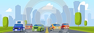 Cars on road. Speed automobile outdoor highway with four traffic line driving tunnel garish vector cartoon background