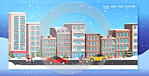 Cars and scooters driving asphalt road snowy town street winter city buildings cityscape snowfall background horizontal