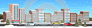 Cars and scooters driving asphalt road snowy town street winter city buildings cityscape snowfall background horizontal