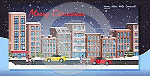 Cars and scooters driving asphalt road snowy town street winter city buildings night cityscape snowfall background