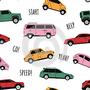 Cars seamless pattern. Cartoon endless print cute vehicles, endless background flat autos for textile. Vector texture