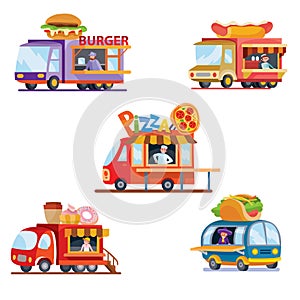 Cars sell fast food, stand isolated object on a white background, sell, hamburger, hot dog, tacos, coffee, donut, pizza,