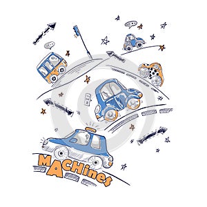 Cars set illustration for child t-shirt hand drawn